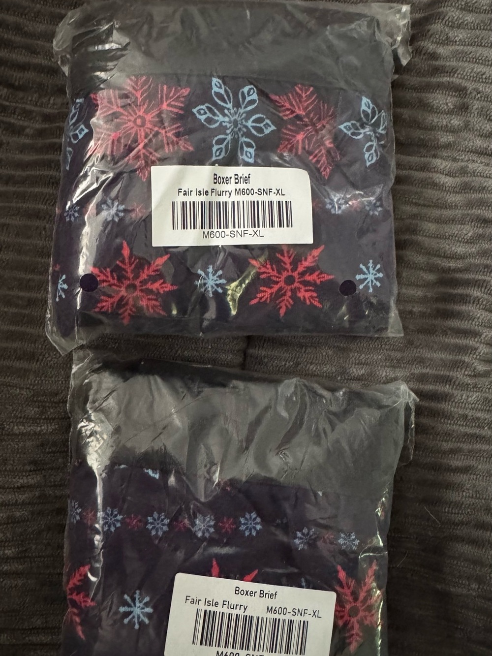 MeUndies Fair Isle Flurry Boxer Briefs - Navy with Red & Light Blue Snowflakes